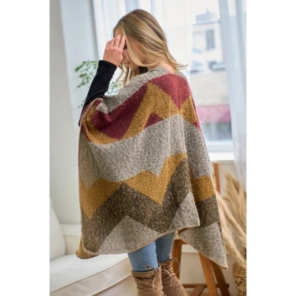 SOLD OUT Wine Multi Color Knit Shawl Open Wrap Geo Block Cardigan Sweater - Picture 1 of 8